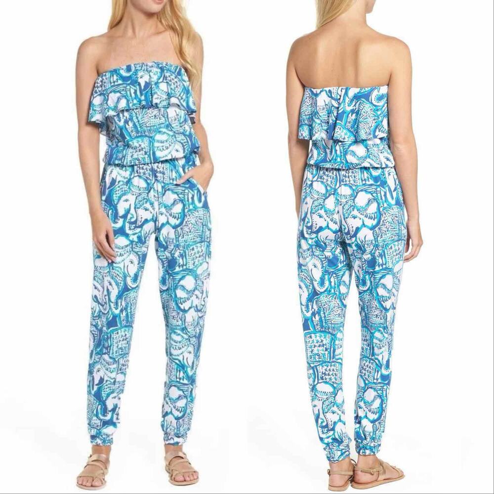 Lilly Pulitzer Blue & White Strapless Ruffle Jumpsuit